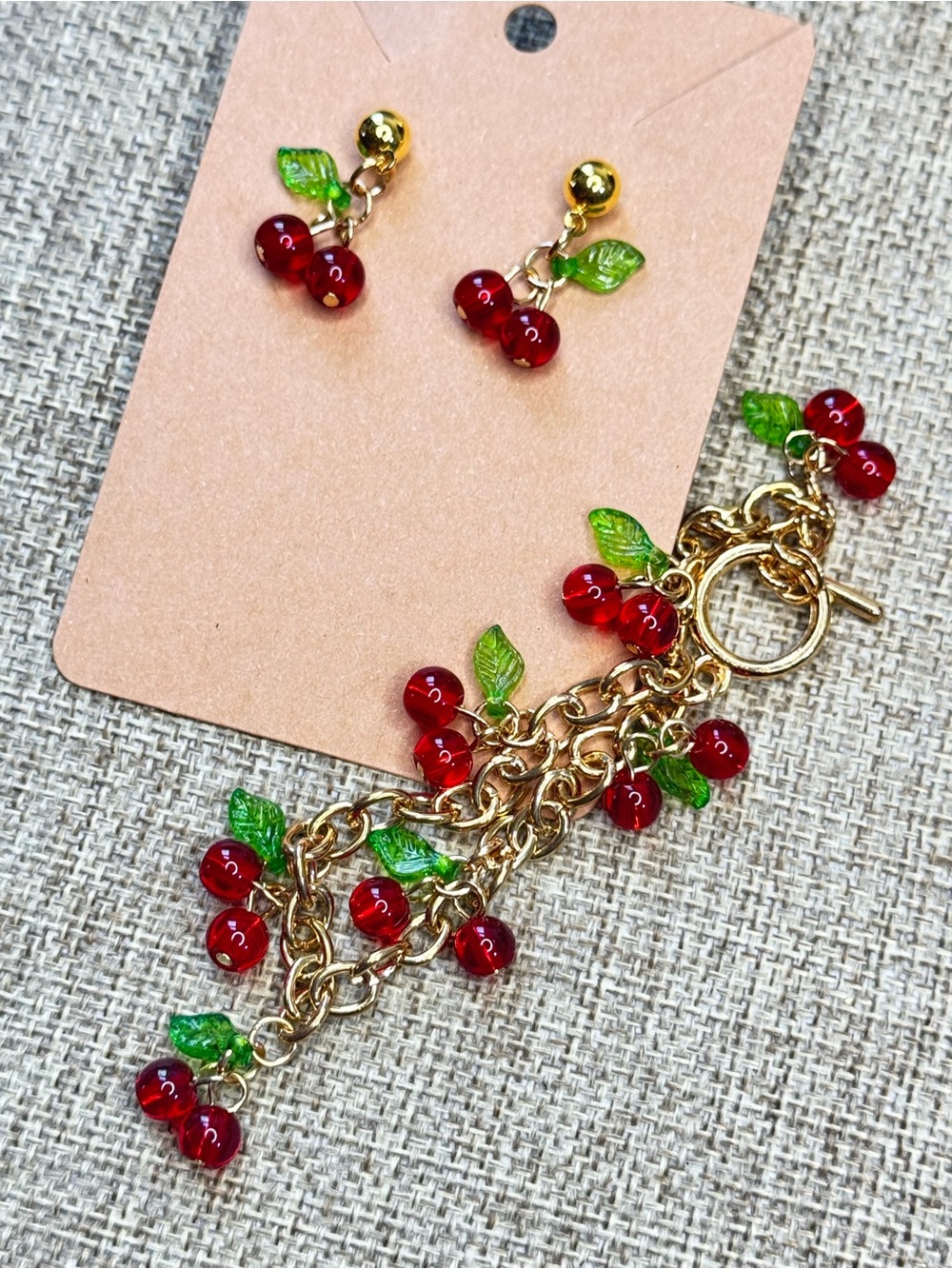 Handmade Gold-Tone  Cherry Charm Bracelet & Earrings Set - Red and Green